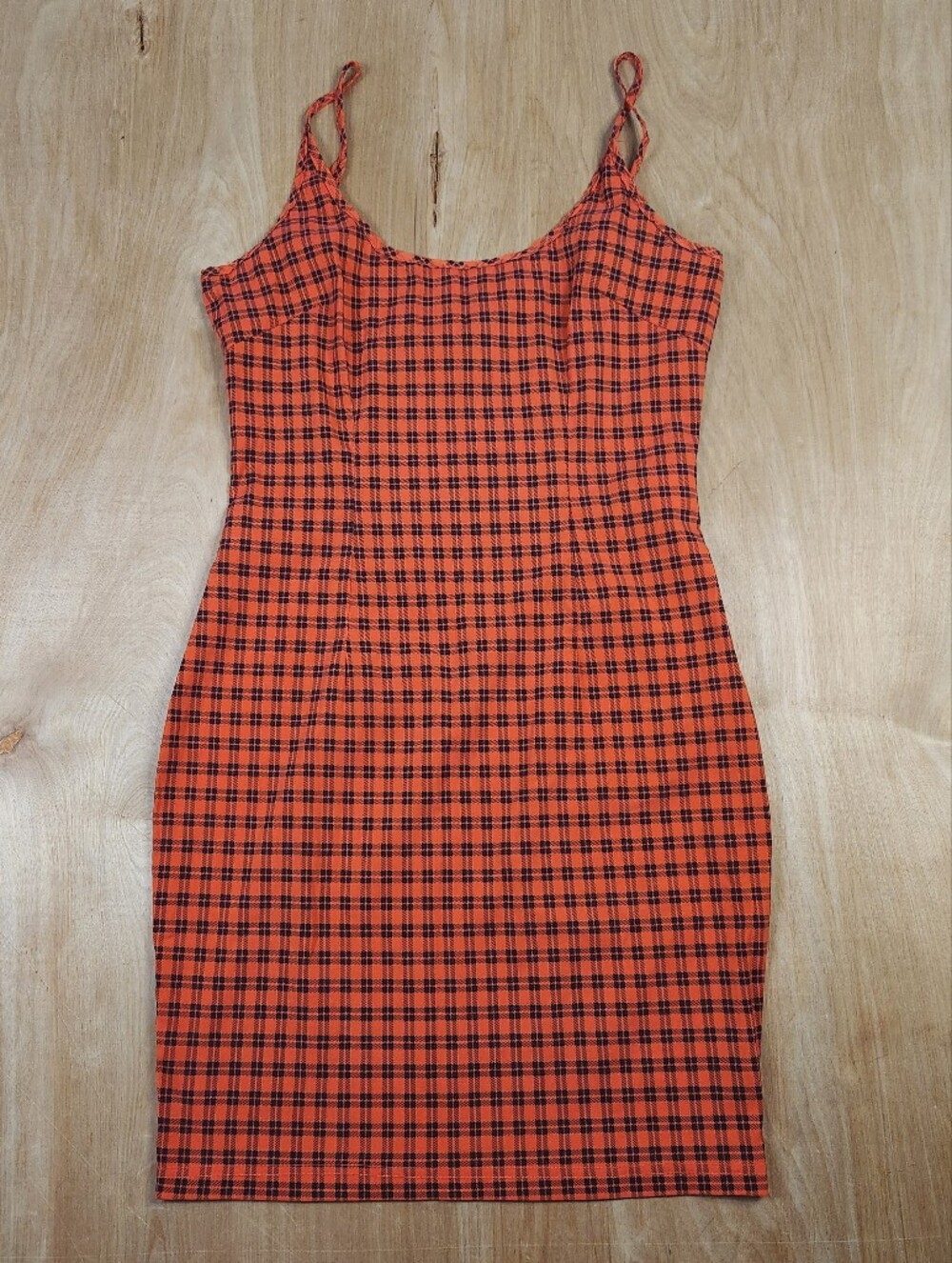 Naanaa Womens Orange And Black Plaid Strappy Sleeveless Bodycon Mini Dress 12